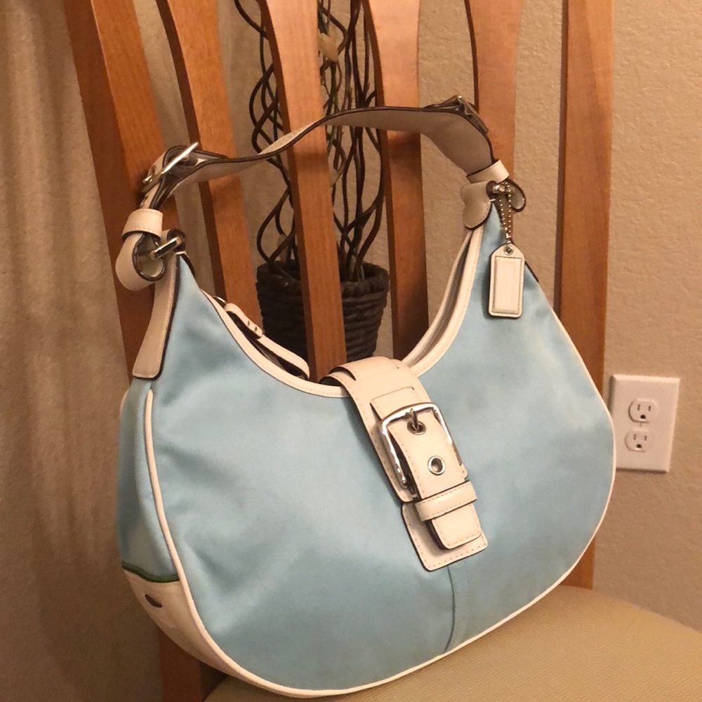COACH F10708 Robins Egg Blue and White Leather Bag